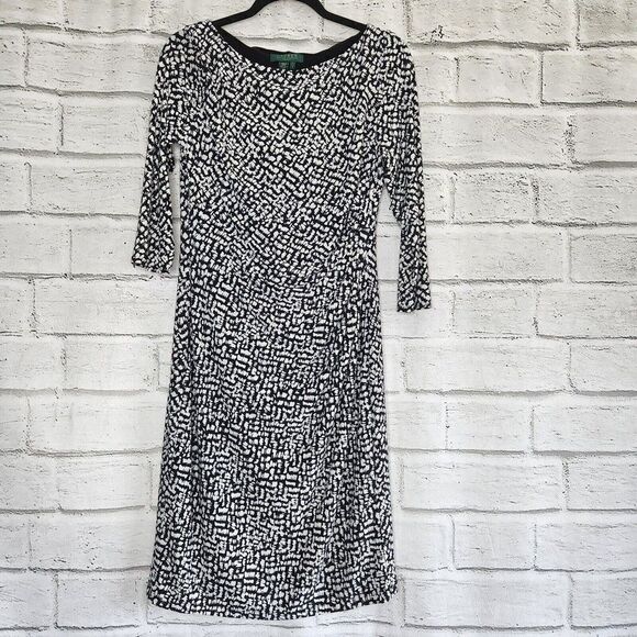Ralph Lauren Black White 3/4 Sleeve Stretch Sheath Lined Dress 8 Washable - Picture 1 of 12